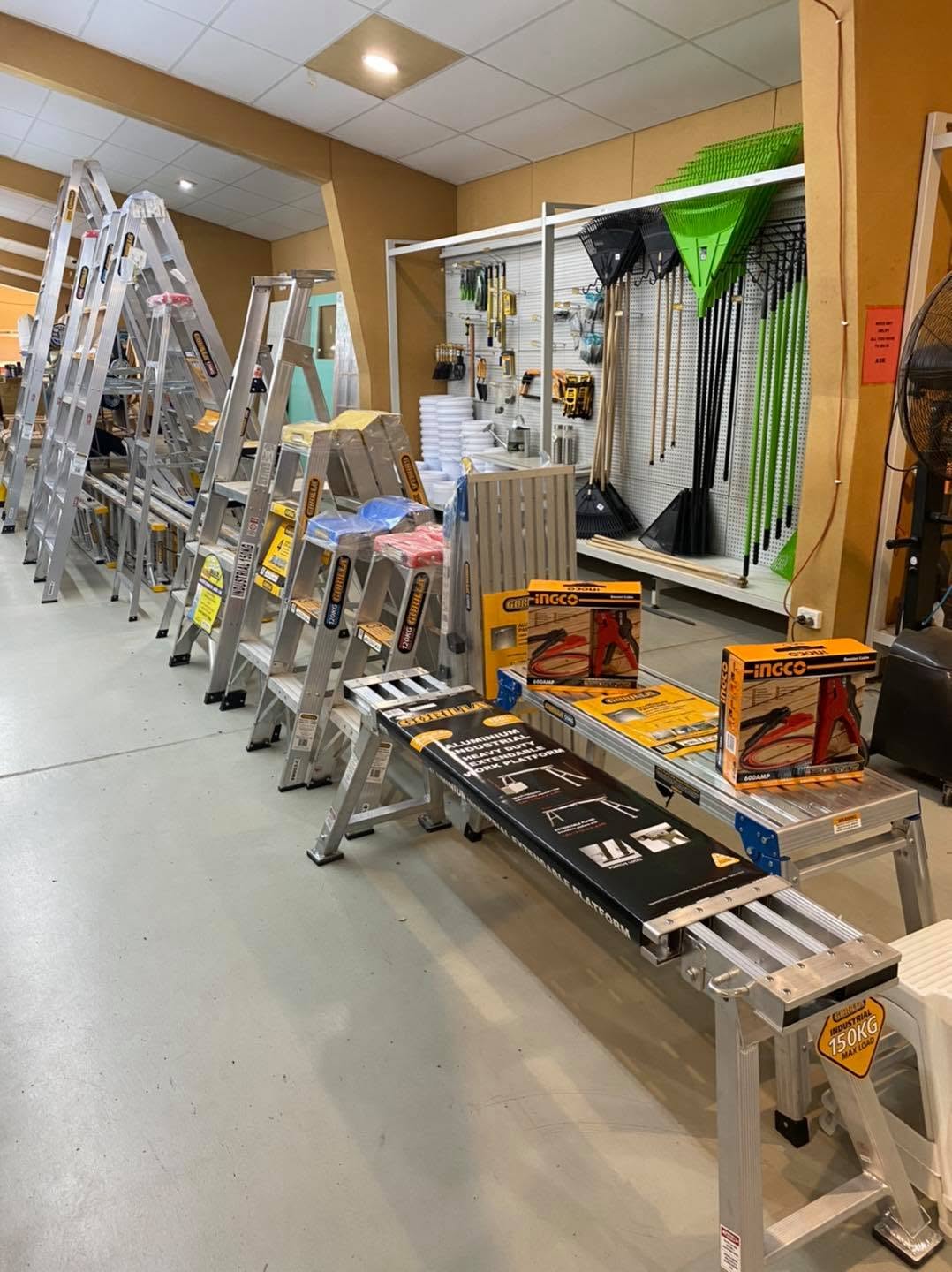 Range of aluminium ladders, work platforms and hardware tools on display at Elliott Timber Sales in Mount Isa